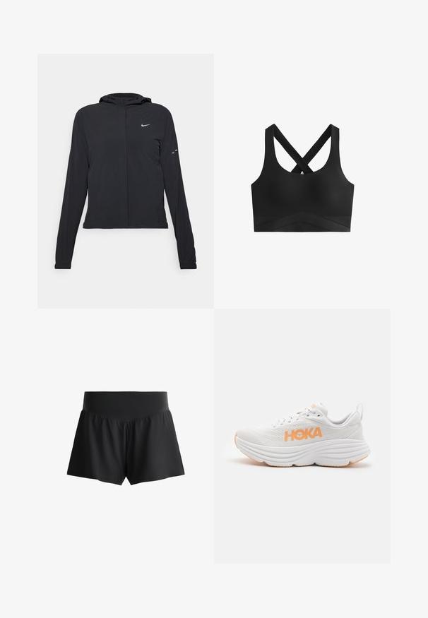 Čierna kapucňová bunda s dlhou rukávou, vyrobená z ľahkého materiálu. Má predný zips, logo Nike a jemné dizajnové akcenty.; Čierny športový podprsenka s prekríženými ramienkami, hladkou textúrou a širokým pásom s chevronovým vzorom na dolnej časti.; Čierne kraťasy vyrobené z ľahkej, hladkej látky s širokým pásom a zhrnutou spodnou časťou pre voľný strih. Jednoduchý dizajn, bez vzorov.; HOKA BONDI 8 - Cestná bežecká obuv - white/cantaloupe