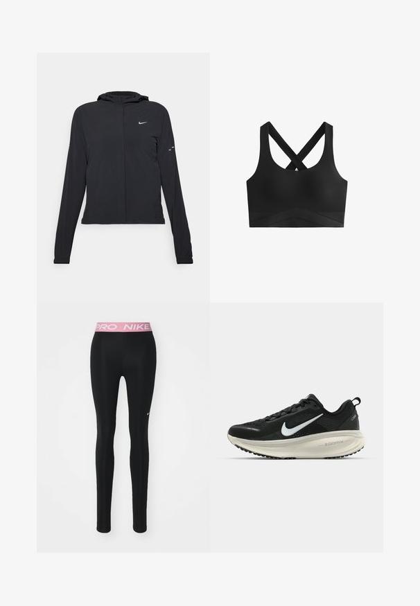 Jachetă neagră cu glugă, cu mâneci lungi, fabricată din material ușor. Dispune de un fermoar frontal, un logo Nike și accente de design subtile.; Sutien sport negru cu bretele intersectate, textură netedă și un bandaj lat cu un model în zig-zag pe secțiunea inferioară.; Colanți negri cu un design ajustat, talie elastică roz cu textul "PRO NIKE" și un mic logo alb Nike pe partea din față.; Pantofii de alergare negri de la Nike, cu parte superioară din plasă respirabilă, logo-ul alb Swoosh, detalii texturate și o talpă intermediară ZoomX de culoare crem.