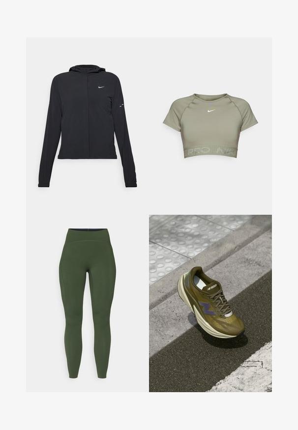 Casaco preto com capuz e mangas longas, feito de material leve. Apresenta um fecho dourado na frente, um logótipo da Nike e detalhes de design subtis.; Top desportivo curto verde-oliva, feito de tecido suave, com mangas curtas, decote redondo e um logo cinza-claro centrado no peito.; Leggings verdes feitos de um tecido liso e elástico. Apresentam uma cintura alta e um design ajustado, ideais para conforto e mobilidade durante as atividades.; Sapatilha atlética verde-oliva com uma parte superior de malha respirável, meia sola com amortecimento, detalhe do logótipo em roxo e sola de borracha texturizada para melhor aderência.