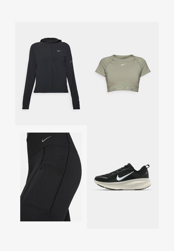 Svart hettegenser med lange ermer, laget av lett materiale. Har glidelås foran, Nike-logo og subtile design detaljer.; Oliven grønn cropped sports-topp laget av glatt stoff, med korte ermer, rund hals og en lys grå logo sentrert på brystet.; Svart høytlivsleggings laget av elastisk materiale, med en glidelåslomme og kontrasterende sømmer. Sølvfarget Nike-logo på livet.; Svart Nike løpesko med pustende mesh-overdel, hvit swoosh-logo, teksturert detaljer og en kremfarget ZoomX mellomsåle.