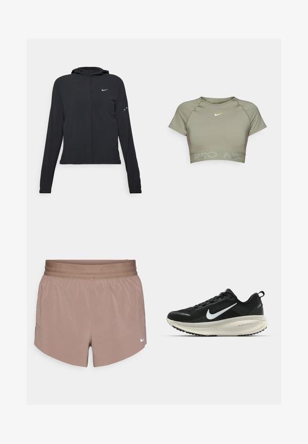 Schwarze Kapuzenjacke mit langen Ärmeln, aus leichtem Material gefertigt. Sie hat einen vorderen Reißverschluss, ein Nike-Logo und dezente Designelemente.; Olivgrünes, kurzes Sportoberteil aus glattem Stoff, mit kurzen Ärmeln, einem runden Halsausschnitt und einem hellgrauen Logo, das mittig auf der Brust platziert ist.; Nike Shorts, leichtes Material, mauve Farbe, sportliches Design, elastischer Bund, Seitentaschen, kleines Logo-Detail am unteren Saum.; Schwarzer Nike-Laufschuh mit atmungsaktivem Mesh-Obermaterial, weißem Swoosh-Logo, strukturierten Details und einer cremefarbenen ZoomX-Zwischensohle.