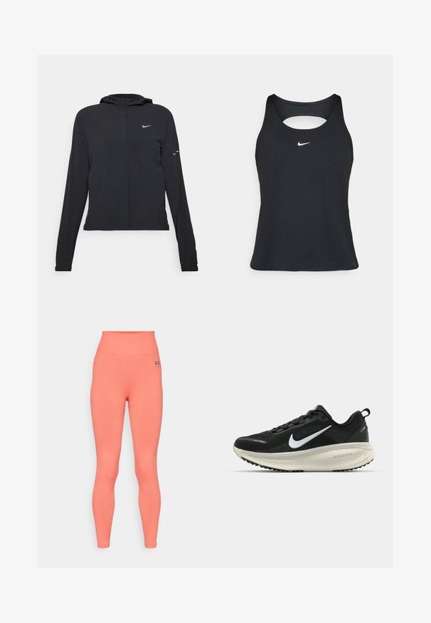 Crna jakna s kapuljačom i dugim rukavima, izrađena od laganog materijala. Ima prednji patentni zatvarač, Nike logo i suptilne dizajnerske detalje.; Crna bezrukava atletska majica s okruglim izrezom, s izrezanim leđima i malim bijelim Nike logom na prsima. Glatka tekstura tkanine.; Visoke tajice u svijetloj koraljnoj boji, izrađene od rastezljivog materijala. Imaju glatku teksturu i mali crni logo na pojasu.; Crne Nike trkačke tenisice s prozračnom mrežastom gornjom konstrukcijom, bijelim swoosh logotipom, teksturiranim detaljima i kremastom ZoomX srednjom potplatnom jedinicom.