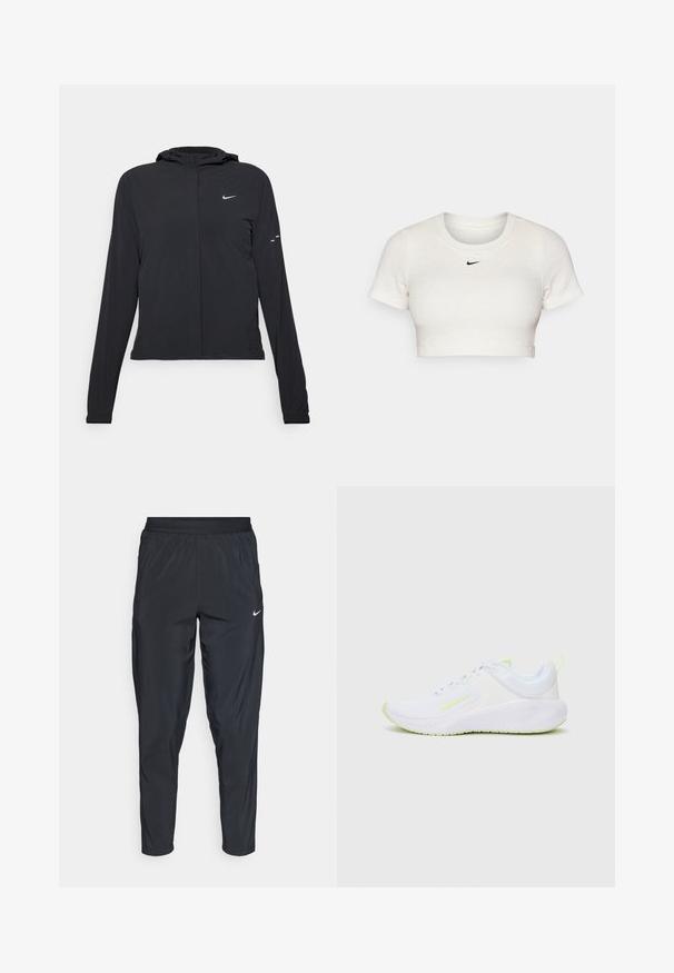 Veste à capuche noire avec des manches longues, fabriquée en matériau léger. Elle comporte une fermeture éclair à l'avant, un logo Nike et des accents de design subtils.; T-shirt blanc court en tissu côtelé avec des manches courtes et un col rond ; présente un petit logo Nike noir sur la poitrine.; Pantalons de sport noirs avec une taille élastique, des jambes fuselées et un petit logo blanc sur la cuisse gauche. Tissu léger et lisse.; Chaussure de sport blanche avec un dessus texturé et des accents vert fluo. Dispose d'une semelle rembourrée et d'un col rembourré pour le confort.
