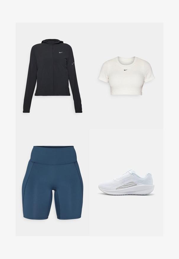 Crna jakna s kapuljačom i dugim rukavima, izrađena od laganog materijala. Ima prednji patentni zatvarač, Nike logo i suptilne dizajnerske detalje.; Skraćeni bijeli T-shirt od rebrastog materijala s kratkim rukavima i okruglim izrezom; sadrži mali crni Nike logo na prsima.; Tamno plave kratke hlače za vježbanje s visokim strukom, glatkom teksturom i ravnim šavovima. Imaju prilagođen dizajn koji seže do sredine bedara.; Bijela atletska cipela s mrežastom gornjom površinom, zaobljenim nožnim prstom i teksturiranim potplatom. Sadrži srebrni Nike swoosh i minimalistički dizajn.
