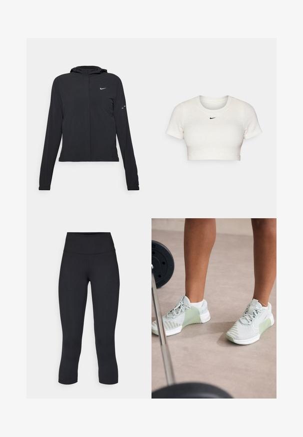 Must musta kapuutsiga jakk, millel on pikad varrukad ja mis on valmistatud kergetest materjalidest. Omab esitaskut, Nike logo ja kergelt silmatorkavaid disainiaktsente.; Lühikeste varrukatega ja ümmarguse kaelusega lühikeste ülevalt lõigatud valge T-särk, mis on valmistatud soonikkoest; rinnal on väike must Nike'i logo.; Mustad mustad õhukesed leggingud, mis on valmistatud venivast kangast, kõrge vöökoha ja siledaga, ilma nähtavate mustrite või metalldetailideta.; Nike Performance METCON 9 - Treeningjalatsid - light silver/metallic silver/summit white/jade horizon