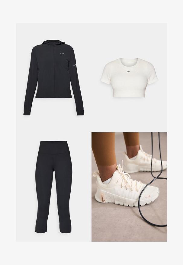Black hooded jacket with long sleeves, made from lightweight material. Features a front zipper, a Nike logo, and subtle design accents.; Cropped white T-shirt made of ribbed fabric with short sleeves and a round neck; features a small black Nike logo on the chest.; Black cropped leggings made of stretchy fabric, featuring a high waistband and smooth texture, with no visible patterns or hardware.; Nike Performance FREE METCON 6 - Training shoe - pale ivory/metallic red bronze/guava ice/sail/phantom/light orewood brown