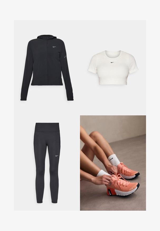 Melnā kapuci jaka ar garām piedurknēm, izgatavota no viegla materiāla. Tam ir priekšējais rāvējslēdzis, Nike logo un smalki dizaina akcenti.; Kropēts balts T-krekls no ribota auduma ar īsām piedurknēm un apaļu kaklu; ar mazu melnu Nike logotipu uz krūtīm.; Melnas legingi, izgatavoti no elastīga auduma, ar augstu jostu un baltu Nike logotipu kreisajā augšstilbā. Gluda tekstūra, piegulošs dizains.; Vieglas rozā sporta kurpes ar teksturētu audumu, izteiksmīgām auklām un gumijas zolem. Pabeigtas ar kontrastējošu melnbaltu logotipa detaļu.