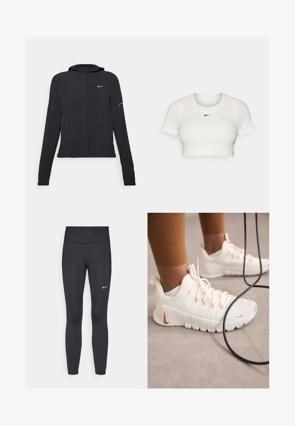 Juodas gobtuvas striukė su ilgomis rankovėmis, pagaminta iš lengvo audinio. Pasižymi priekiniais užtrauktukais, Nike logotipu ir subtiliais dizaino akcentais.; Trumpas baltas marškinėliai, pagaminti iš raukšlėto audinio, su trumpomis rankovėmis ir apvališkiu kaklu; ant krūtinės yra mažas juodas Nike logotipas.; Juodi leggingai iš elastingos medžiagos, turintys aukštą juosmenį ir baltą Nike logotipą kairėje šlaunyje. Lygus paviršius, prigludusi dizainas.; Nike Performance FREE METCON 6 - Avalynė treniruotėms - pale ivory/metallic red bronze/guava ice/sail/phantom/light orewood brown