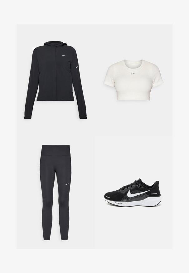 Čierna kapucňová bunda s dlhou rukávou, vyrobená z ľahkého materiálu. Má predný zips, logo Nike a jemné dizajnové akcenty.; Zkrátené bílé tričko vyrobené z žebrované látky s krátkými rukávy a kulatým výstřihem; na hrudi se nachází malé černé logo Nike.; Čierne legíny z elastického materiálu, s vysokým pásom a bielym logom Nike na ľavom stehne. Hladká textúra, priliehavý dizajn.; Čierna atletická obuv s vrchnou časťou z mäkkej sieťoviny, bielym logom Nike a bielou podšívkou so štruktúrovanými detailmi.