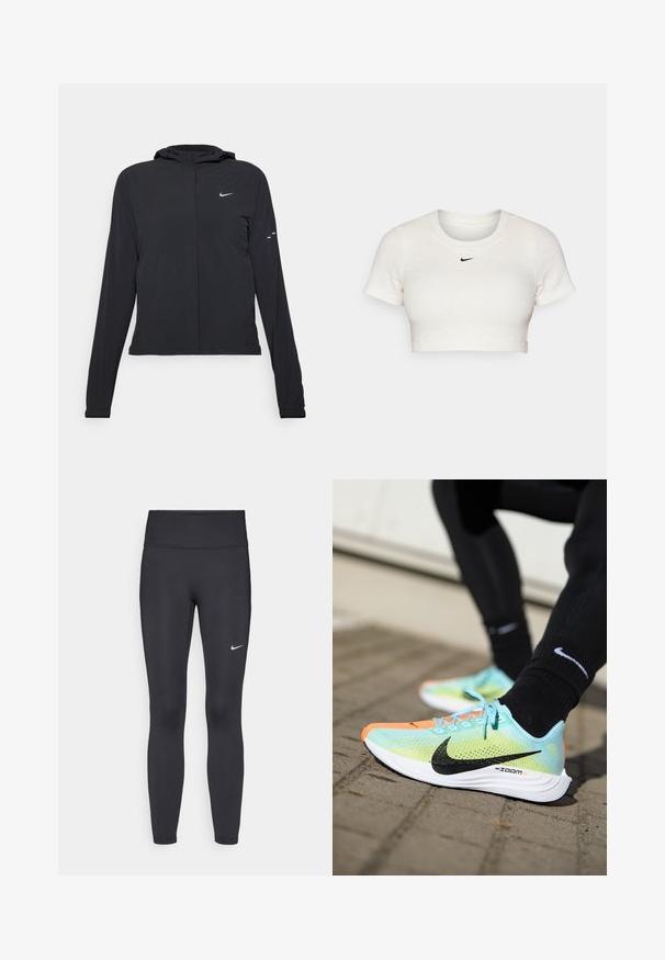 Juodas gobtuvas striukė su ilgomis rankovėmis, pagaminta iš lengvo audinio. Pasižymi priekiniais užtrauktukais, Nike logotipu ir subtiliais dizaino akcentais.; Trumpas baltas marškinėliai, pagaminti iš raukšlėto audinio, su trumpomis rankovėmis ir apvališkiu kaklu; ant krūtinės yra mažas juodas Nike logotipas.; Juodi leggingai iš elastingos medžiagos, turintys aukštą juosmenį ir baltą Nike logotipą kairėje šlaunyje. Lygus paviršius, prigludusi dizainas.; Nike ZoomX bėgimo batai pasižymi tinkline viršutine dalimi mėtų žalia spalva su juodais akcentais, oranžiniu pirštų dangteliu ir balta padu su tekstūruota sukibimo danga.
