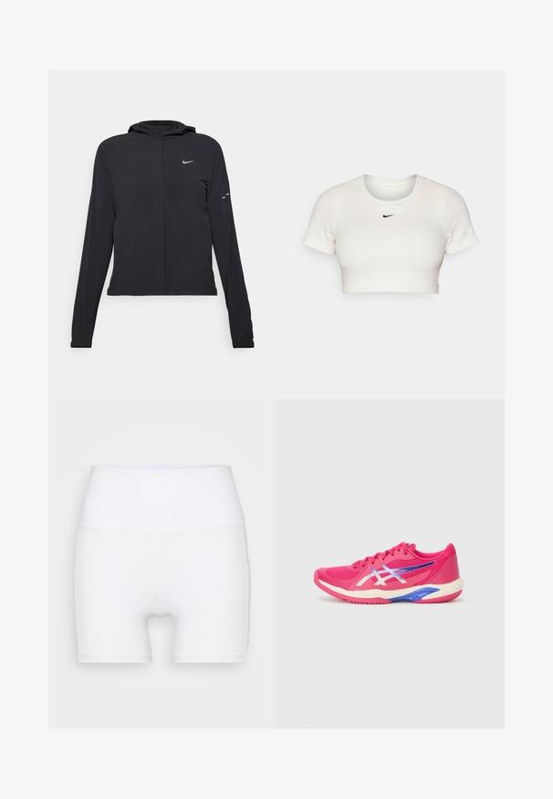 Must musta kapuutsiga jakk, millel on pikad varrukad ja mis on valmistatud kergetest materjalidest. Omab esitaskut, Nike logo ja kergelt silmatorkavaid disainiaktsente.; Lühikeste varrukatega ja ümmarguse kaelusega lühikeste ülevalt lõigatud valge T-särk, mis on valmistatud soonikkoest; rinnal on väike must Nike'i logo.; Valged kõrge vöökohaga lühikesed püksid, mis on valmistatud venivast kangast. Omab siledat tekstuuri ja mugavat lõiget, ilma lisamustrideta või -detailideta.; Ehete roosad spordijalatsid heledamate aktsentidega. Võrgusilma ülemine osa, tekstureeritud viimistlus, pehmendatud kaelus ja värvikas tald siniste detailidega.
