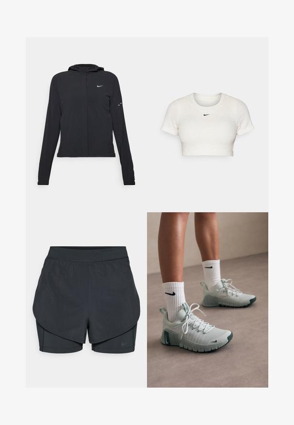 Black hooded jacket with long sleeves, made from lightweight material. Features a front zipper, a Nike logo, and subtle design accents.; Cropped white T-shirt made of ribbed fabric with short sleeves and a round neck; features a small black Nike logo on the chest.; Black athletic shorts with a layered design, featuring a smooth outer layer and fitted inner shorts. Made of lightweight, stretch fabric.; Light gray athletic shoes with textured fabric, white laces, and a green sole. Paired with white ribbed socks featuring a black logo.