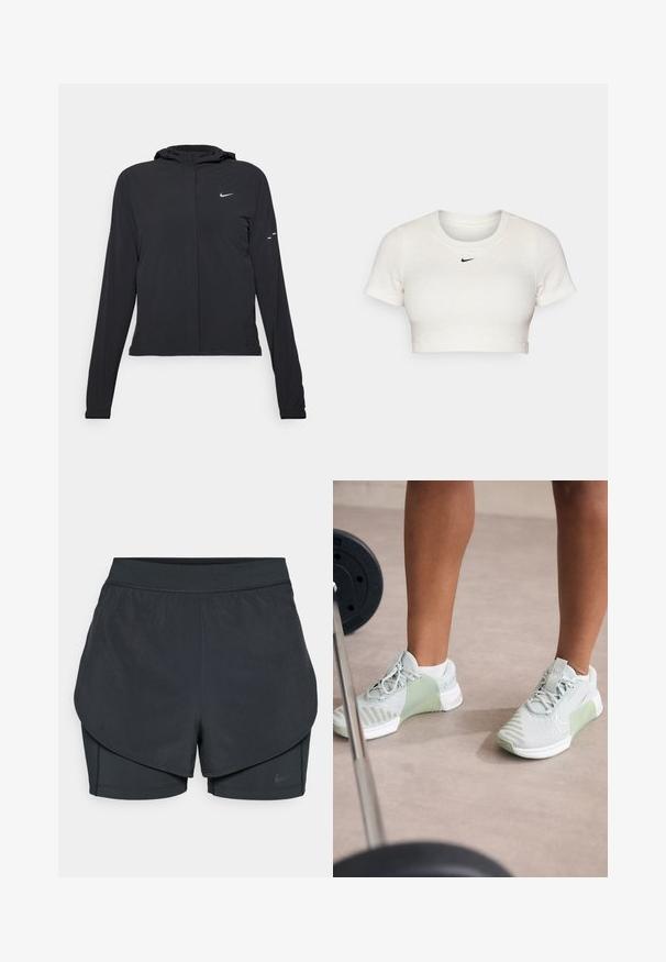 Juodas gobtuvas striukė su ilgomis rankovėmis, pagaminta iš lengvo audinio. Pasižymi priekiniais užtrauktukais, Nike logotipu ir subtiliais dizaino akcentais.; Trumpas baltas marškinėliai, pagaminti iš raukšlėto audinio, su trumpomis rankovėmis ir apvališkiu kaklu; ant krūtinės yra mažas juodas Nike logotipas.; Juodi sportiniai šortai su sluoksniuota konstrukcija, turintys sklandų išorinį sluoksnį ir prigludusius vidinius šortus. Pagaminti iš lengvos, tamprios medžiagos.; Nike Performance METCON 9 - Avalynė treniruotėms - light silver/metallic silver/summit white/jade horizon