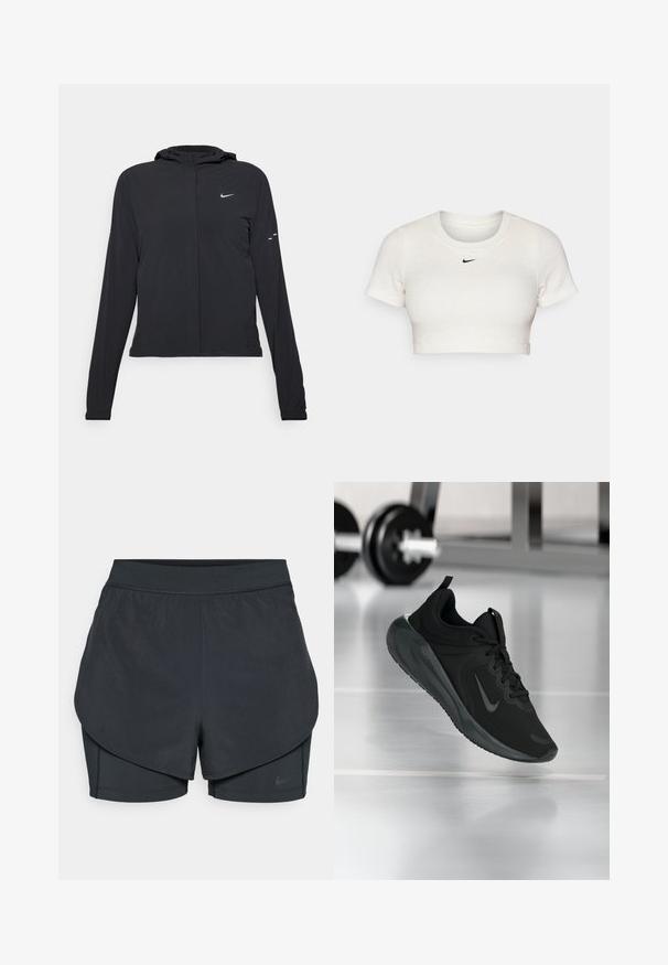 Must musta kapuutsiga jakk, millel on pikad varrukad ja mis on valmistatud kergetest materjalidest. Omab esitaskut, Nike logo ja kergelt silmatorkavaid disainiaktsente.; Lühikeste varrukatega ja ümmarguse kaelusega lühikeste ülevalt lõigatud valge T-särk, mis on valmistatud soonikkoest; rinnal on väike must Nike'i logo.; Mustad musta sportlikud lühikesed püksid kihilise disainiga, millel on sile välimine kiht ja istuvad sisepüksid. Valmistatud kergest, venivast kangast.; Mustad mustang spordijalatsid Nike logo'ga, õhus spordisaali põrandal, häguste hantlite riiulitega taustal.