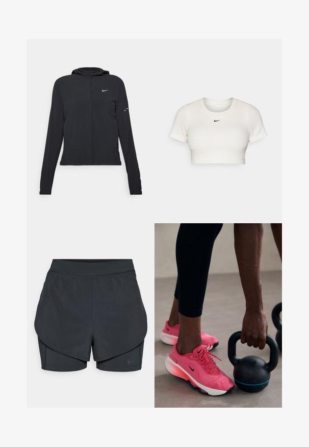 Melnā kapuci jaka ar garām piedurknēm, izgatavota no viegla materiāla. Tam ir priekšējais rāvējslēdzis, Nike logo un smalki dizaina akcenti.; Kropēts balts T-krekls no ribota auduma ar īsām piedurknēm un apaļu kaklu; ar mazu melnu Nike logotipu uz krūtīm.; Melnas sporta šortus ar slāņotu dizainu, kas ietver gludu ārējo slāni un pieguļošus iekšējos šortus. Izgatavoti no viegla, elastīga auduma.; Rozā Nike sporta apavi ar teksturētu augšdaļu un baltu zoli, apvienoti ar melniem legingiem, turēti melnā kettlebellā ar zilu akcentu.