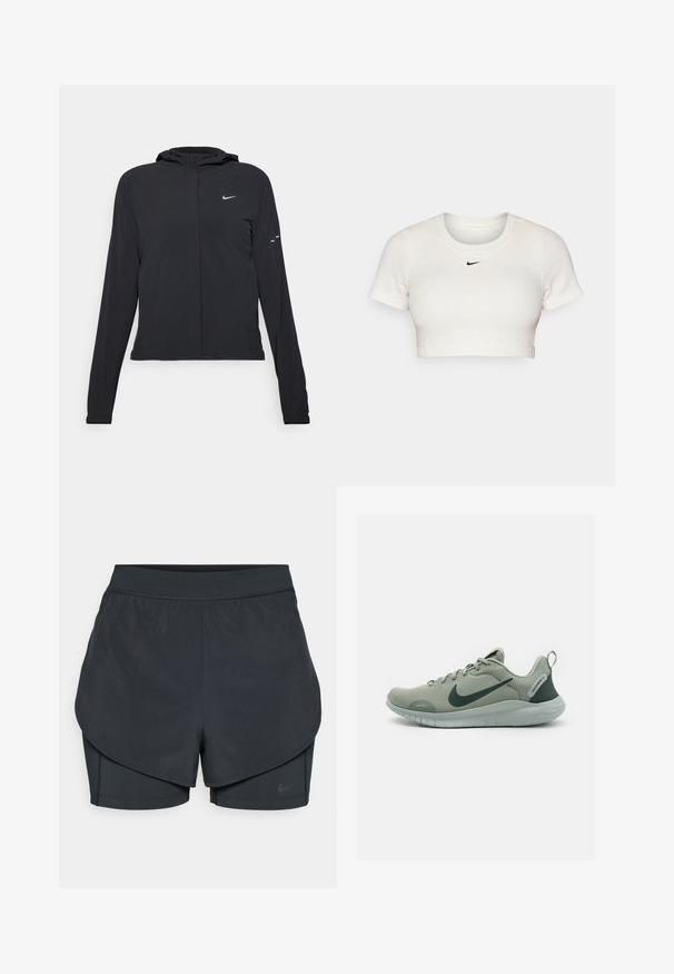 Black hooded jacket with long sleeves, made from lightweight material. Features a front zipper, a Nike logo, and subtle design accents.; Cropped white T-shirt made of ribbed fabric with short sleeves and a round neck; features a small black Nike logo on the chest.; Black athletic shorts with a layered design, featuring a smooth outer layer and fitted inner shorts. Made of lightweight, stretch fabric.; Nike Performance FLEX EXPERIENCE RUN 12 - Training shoe - jade horizon/vintage green/light silver