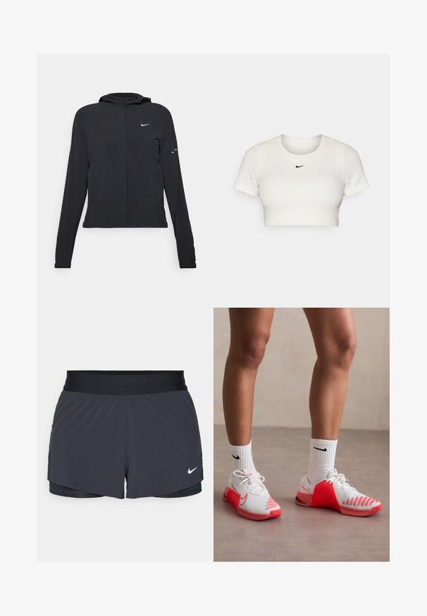 Melnā kapuci jaka ar garām piedurknēm, izgatavota no viegla materiāla. Tam ir priekšējais rāvējslēdzis, Nike logo un smalki dizaina akcenti.; Kropēts balts T-krekls no ribota auduma ar īsām piedurknēm un apaļu kaklu; ar mazu melnu Nike logotipu uz krūtīm.; Melnas sporta šortus ar elastīgu jostu, ar slāņotu dizainu un mazu balto Nike logo apakšējā kreisajā stūrī. Viegls materiāls.; Baltas sporta apavi ar sarkaniem akcentiem, ar teksturētu sieta augšdaļu, gumijas zoli un baltām ribotām zeķēm ar melnu logo.