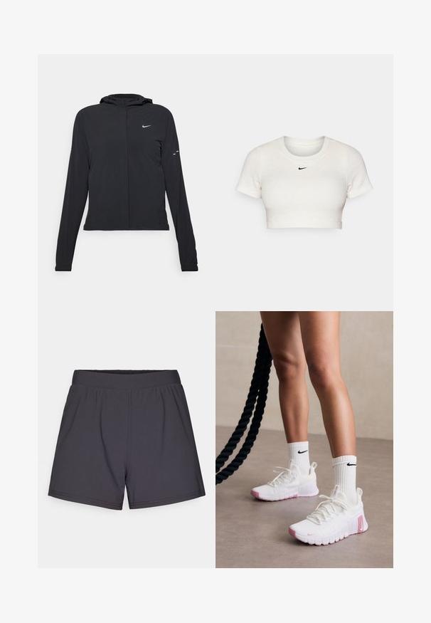Must musta kapuutsiga jakk, millel on pikad varrukad ja mis on valmistatud kergetest materjalidest. Omab esitaskut, Nike logo ja kergelt silmatorkavaid disainiaktsente.; Lühikeste varrukatega ja ümmarguse kaelusega lühikeste ülevalt lõigatud valge T-särk, mis on valmistatud soonikkoest; rinnal on väike must Nike'i logo.; Mustad mustriteta lühikesed spordipüksid, mis on valmistatud kergest ja venivast kangast. Omavad elastset vööd ja lihtsat, kaunistusteta disaini.; Valged sportlikud kingad roosade aktsentidega, tekstuuriga ülemine osa ja pehme krae, koos valgete ribakäistega sokkidega, millel on must logo.