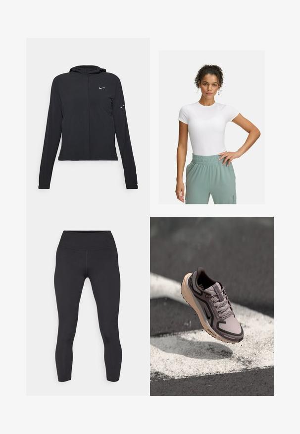 Črna kapuča s dolgimi rokavi, izdelana iz lahkega materiala. Ima sprednji zadrgo, logotip Nike in subtilne oblikovne detajle.; Bela prilegajoča majica s kratkimi rokavi, kombinirana z lahkimi hlačami z elastičnim pasom v svetlo zeleni barvi. Gladka tekstura, minimalistična zasnova in brez vidnih vzorcev.; Črne legice z visokim pasom, narejene iz gladkega in raztegljivega materiala. Imajo ravne šive in prilegajoč dizajn.; Svetlo vijolična atletska čevlja z geslimi sivi akcenti, večteksturna sintetična zgornjost, vezalke in bež podplat z vidnim vzorcem.