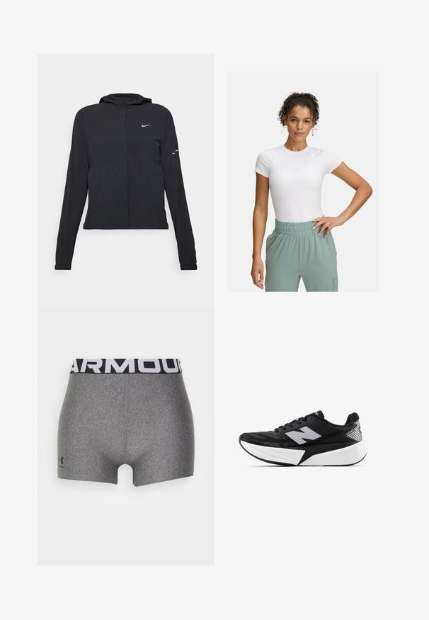 Juodas gobtuvas striukė su ilgomis rankovėmis, pagaminta iš lengvo audinio. Pasižymi priekiniais užtrauktukais, Nike logotipu ir subtiliais dizaino akcentais.; Baltas prigludęs marškinėliai su trumpomis rankovėmis, derinami su šviesiai žaliomis elastingomis kelnėmis. Lygi tekstūra, minimalistinis dizainas, be akivaizdžių raštų.; Pilkos sportinės šortai su prigludusia forma, pagaminti iš tekstūruoto audinio. Yra platus juodas juosmuo su užrašu "ARMOUR" balta spalva.; Juodai balta New Balance bėgimo batai su storesne pado dalimi, tinklinė viršutinė dalis ir "N" logotipas šone, matoma iš išorinės pusės.
