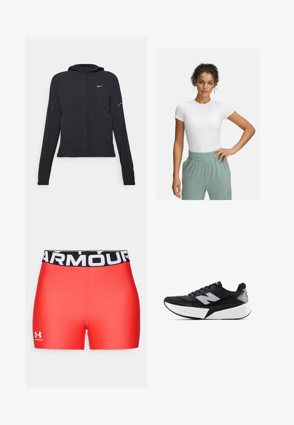 Giacca nera con cappuccio e maniche lunghe, realizzata in materiale leggero. Presenta una zip frontale, il logo Nike e accenti di design sottili.; T-shirt bianca aderente con maniche corte, abbinata a pantaloni con elastico in vita di colore verde chiaro. Texture liscia, design minimalista e nessun motivo visibile.; Pantaloni sportivi rossi con un cinturino nero su cui è stampata la scritta "ARMOUR". Texture liscia con un logo ricamato in bianco nella parte inferiore sinistra.; Scarpa da corsa New Balance in bianco e nero con suola spessa, parte superiore in rete e logo "N" sul lato, vista dal lato esterno.