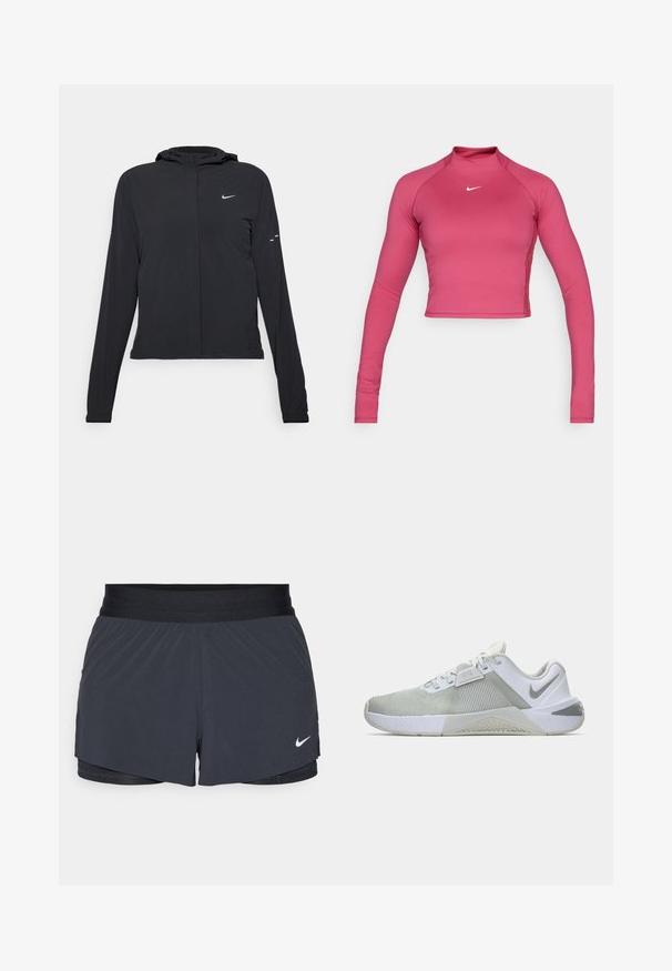 Črna kapuča s dolgimi rokavi, izdelana iz lahkega materiala. Ima sprednji zadrgo, logotip Nike in subtilne oblikovne detajle.; Roza dolga majica s kratkimi rokavi iz elastičnega materiala, ki ima visok ovratnik in stranske šive, z majhnim belim logotipom Nike na prsih.; Črne atletske kratke hlače z elastičnim pasom, ki imajo plastičen dizajn in majhen bel Nike logotip na spodnji levi strani. Lahkoten material.; Bela in siva športna obuvala z teksturirano tkanino, oblazinjenim ovratnikom in gumijastim podplatom. Imajo stranski logotip in tridimensionalne podrobnosti na zgornjem delu.