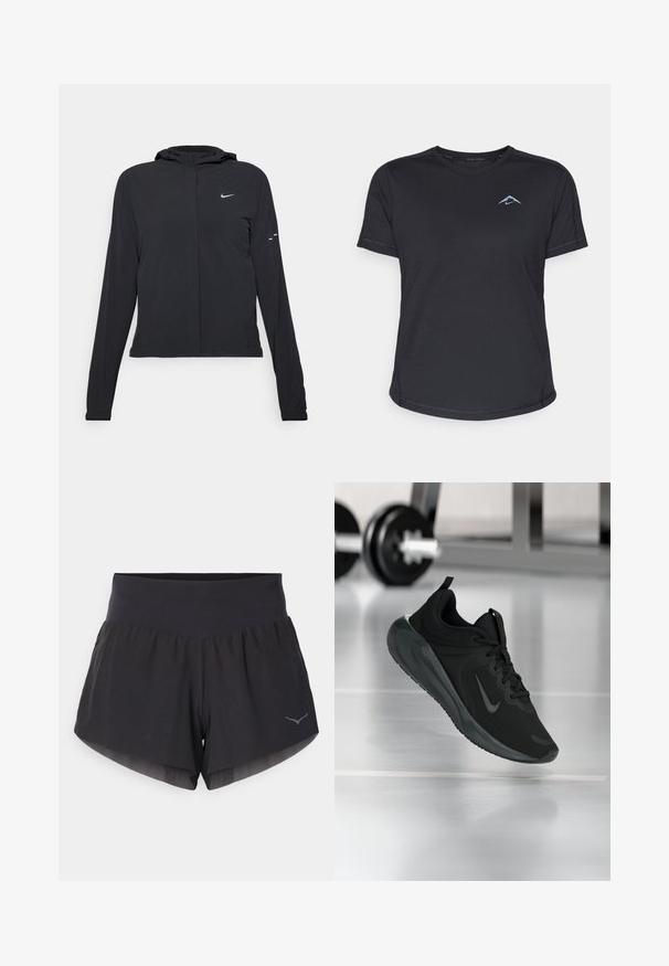 Casaco preto com capuz e mangas longas, feito de material leve. Apresenta um fecho dourado na frente, um logótipo da Nike e detalhes de design subtis.; Camisa atlética preta de manga curta com decote redondo, tecido suave e logótipo azul refletor no lado esquerdo do peito. Detalhes cosidos ao longo das costuras.; Calções de corrida pretos com uma cintura larga, um design em camadas e um detalhe de logótipo refletor na bainha. Feitos de um tecido leve e respirável.; Sapatilha desportiva preta com o logotipo da Nike, mostrada em pleno ar sobre o chão do ginásio, com um suporte de halteres desfocado ao fundo.