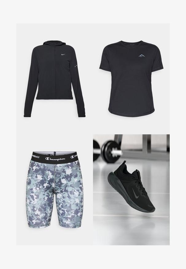 Chaqueta negra con capucha y mangas largas, hecha de un material ligero. Presenta un cierre frontal, un logo de Nike y acentos de diseño sutiles.; Camiseta atlética negra de manga corta con cuello redondo, tejido suave y logo reflectante azul en el lado izquierdo del pecho. Detalles bordados a lo largo de las costuras.; Pantalones cortos deportivos de camuflaje con una mezcla de colores azul claro, gris y blanco. Fabricados con un material elástico, con una cinturilla elástica negra.; Zapatilla deportiva negra con el logo de Nike, mostrada en el aire sobre el suelo del gimnasio, con un soporte de mancuernas desenfocado en el fondo.