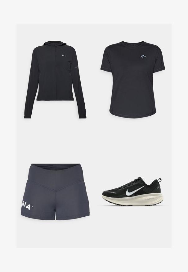 Mustassa hupparissa on pitkät hihat, ja se on valmistettu kevyestä materiaalista. Siinä on edessä vetoketju, Nike-logo ja hillityt muotoiluyksityiskohdat.; Musta lyhythihainen urheilupaita, jossa on pyöreä kaula-aukko, sileä kangas ja heijastava sininen logo vasemmassa rinnassa. Ompeleet reunassa.; Tummanharmaat urheilushortsit, joissa on leveä vyötärönauha ja kontrastivalkoinen logo. Sujuva rakenne, istuva muotoilu ja minimaalinen ompelu.; Mustat Nike-juoksukengät, joissa on hengittävä verkko-osa, valkoinen swoosh-logo, teksturoitu yksityiskohtaus ja kermaisen värinen ZoomX-välipohja.