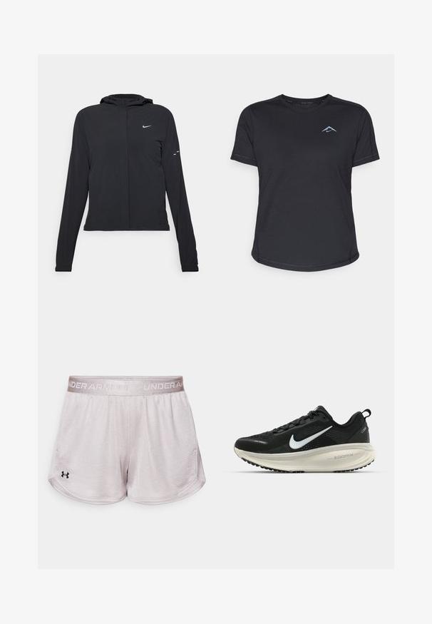 Čierna kapucňová bunda s dlhou rukávou, vyrobená z ľahkého materiálu. Má predný zips, logo Nike a jemné dizajnové akcenty.; Čierne športové tričko s krátkym rukávom a okrúhlym výstrihom, hladká tkanina a reflexná modrá-logo na ľavej hrudi. Stehy pozdĺž švov.; Svetlo šedé športové šortky s textúrovanou tkaninou, elastickým pásom so značkou "UNDER ARMOUR" a čiernym logom v dolnom ľavom rohu.; Čierne bežecké topánky Nike s priedušnou sieťovinou, bielym logom s symbolom swoosh, textúrovanými detailmi a krémovou ZoomX medzipodrážkou.