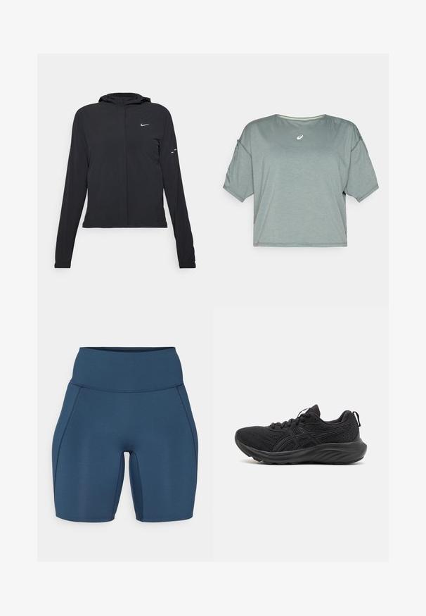 Black hooded jacket with long sleeves, made from lightweight material. Features a front zipper, a Nike logo, and subtle design accents.; ASICS NAGINO RUN TOP - Sports T-shirt - monument blue; Dark blue workout shorts with a high waistband, smooth texture, and flat seams. Features a fitted design that extends mid-thigh.; Black athletic shoes with a breathable mesh upper, structured sole, round toe, and a textured surface. Features black laces and logo details.