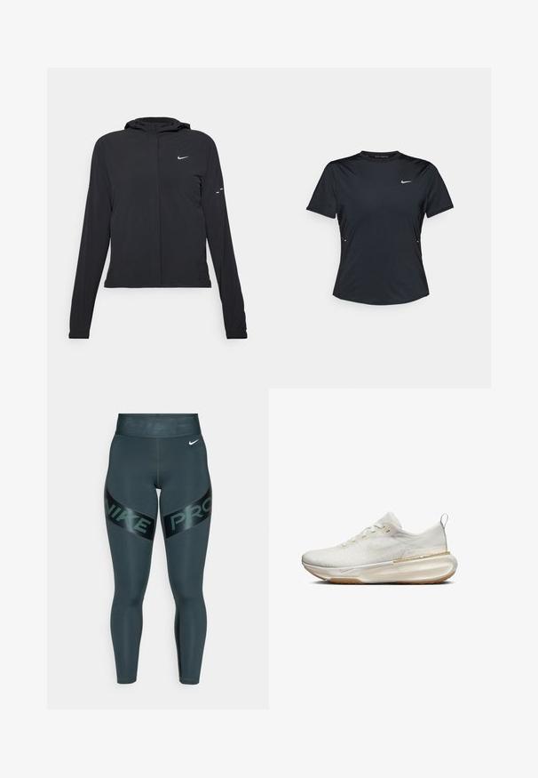 Crna jakna s kapuljačom i dugim rukavima, izrađena od laganog materijala. Ima prednji patentni zatvarač, Nike logo i suptilne dizajnerske detalje.; Crna majica kratkih rukava za sport, izrađena od lagane, materijala koji upija vlagu. Ima okrugli izrez i mali bijeli Nike logo na prsima.; Nike Pro tajice u tamnosivoj boji s sjajnim crnim pojasom. Sadrži boldirane grafike "NIKE" i "PRO" sa strane. Glatki, rastezljivi materijal.; Bijela atletska tenisica s teksturiranom gornjom dijelu, okruglim vrhom i mekanim potplatom. Ima zlatni akcent i traku za povlačenje na peti.