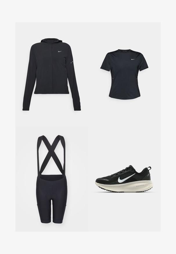 Čierna kapucňová bunda s dlhou rukávou, vyrobená z ľahkého materiálu. Má predný zips, logo Nike a jemné dizajnové akcenty.; Čierne športové tričko s krátkym rukávom vyrobené z ľahkej, vlhkosť odvádzajúcej tkaniny. Obsahuje okrúhly výstrih a malé biele logo Nike na hrudi.; Čierne cyklistické šortky so šatkami, s hladkou textúrou, polstrovanou sedacou časťou a priliehavým dizajnom pre pohodlie a podporu.; Čierne bežecké topánky Nike s priedušnou sieťovinou, bielym logom s symbolom swoosh, textúrovanými detailmi a krémovou ZoomX medzipodrážkou.