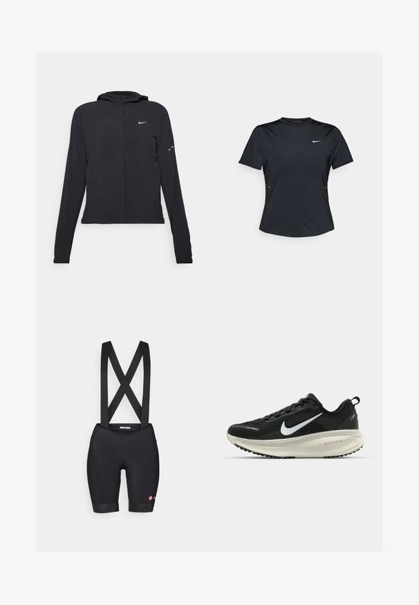 Casaco preto com capuz e mangas longas, feito de material leve. Apresenta um fecho dourado na frente, um logótipo da Nike e detalhes de design subtis.; Camiseta desportiva preta de manga curta, feita de um tecido leve que drena a humidade. Apresenta um decote redondo e um pequeno logo branco da Nike no peito.; Calções de ciclismo pretos com tiras elásticas, apresentando uma área de assento almofadada e um logótipo em contraste na parte inferior da perna. Tecido liso e elástico.; Sapatilha de corrida Nike preta com parte superior de malha respirável, logotipo Swoosh branco, detalhes texturizados e uma entressola ZoomX na cor creme.