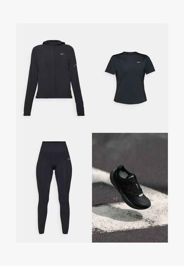 Melnā kapuci jaka ar garām piedurknēm, izgatavota no viegla materiāla. Tam ir priekšējais rāvējslēdzis, Nike logo un smalki dizaina akcenti.; Melnas īsām piedurknēm sporta krekliņš, kas izgatavots no viegla, mitrumu nosakoša auduma. Piedāvā apaļu kakla izgriezumu un mazu baltu Nike logotipu uz krūtīm.; Augsti vidēji melnie legingi ar gludu, elastīgu audumu. Iekļauj logotipu augšējā kājā un strukturētus akcentus sānos.; Melnas skriešanas kurpes ar teksturētu augšdaļu, glītu dizainu un atstarojošiem akcentiem. Iekļauj mīkstu, spilventiņu zoli komfortam.