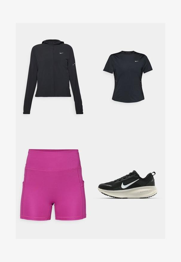 Veste à capuche noire avec des manches longues, fabriquée en matériau léger. Elle comporte une fermeture éclair à l'avant, un logo Nike et des accents de design subtils.; T-shirt sportif à manches courtes noir, fabriqué en tissu léger et évacuant l'humidité. Il présente un col rond et un petit logo Nike blanc sur la poitrine.; Shorts d'entraînement fuchsia, fabriqués en tissu extensible, avec une taille haute et des poches sur les côtés. Texture lisse avec des coutures plates.; Baskets de course noir Nike avec tige respirante en mesh, logo swoosh blanc, détails texturés et semelle intermédiaire ZoomX de couleur crème.