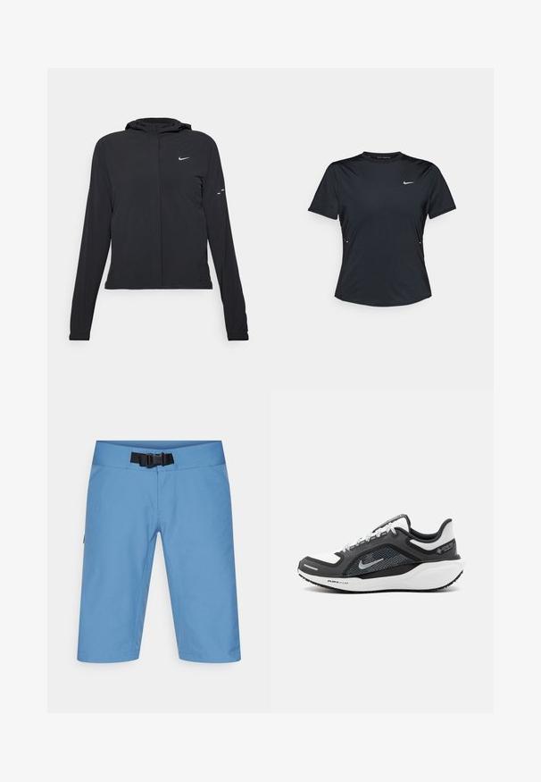 Juodas gobtuvas striukė su ilgomis rankovėmis, pagaminta iš lengvo audinio. Pasižymi priekiniais užtrauktukais, Nike logotipu ir subtiliais dizaino akcentais.; Juodai trumpomis rankovėmis sportinis marškinėliai, pagaminti iš lengvo, drėgmę sugeriančio audinio. Turi apvalią iškirptę ir mažą baltą Nike logotipą ant krūtinės.; Šviesiai mėlyni žygio šortai su lygiu juosmeniu, reguliuojamu diržu ir šoninėmis kišenėmis. Pagaminti iš glotnaus, kvėpuojančio medžiagos, kelio ilgio dizainas.; Nike sportbačiai su juodai balta spalvų schemomis, tinklelio viršutinė dalis ir sidabriniai akcentai. Guma padas su "Air Zoom" ženklu, tekstūruotas geresniam sukibimui.