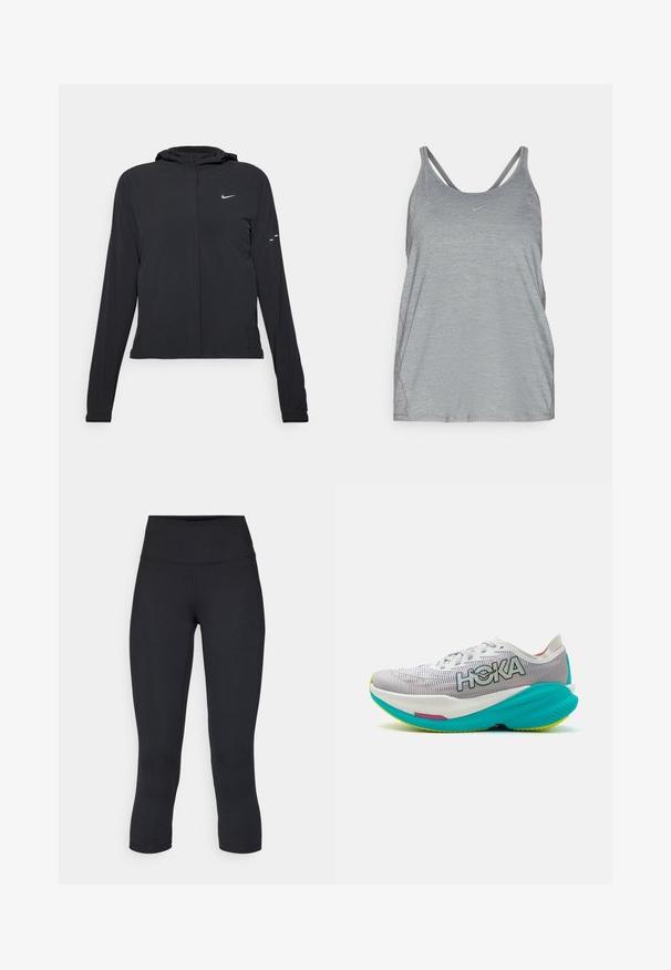 Černá kapucňová bunda s dlouhými rukávy, vyrobená z lehkého materiálu. Obsahuje přední zip, logo Nike a decentní designové akcenty.; Šedý atletický tílko vyrobené z měkké, strukturované látky, s dvojitým designem ramínek a malým logem Nike na hrudi.; Černé zkrácené legíny vyrobené z pružné látky, s vysokým pasem a hladkou texturou, bez viditelných vzorů nebo kovových prvků.; Běžecké boty s bílou a šedou prodyšnou síťovinou, jasně tyrkysovou podrážkou a značkou HOKA. Mají polstrovaný design s akcenty.