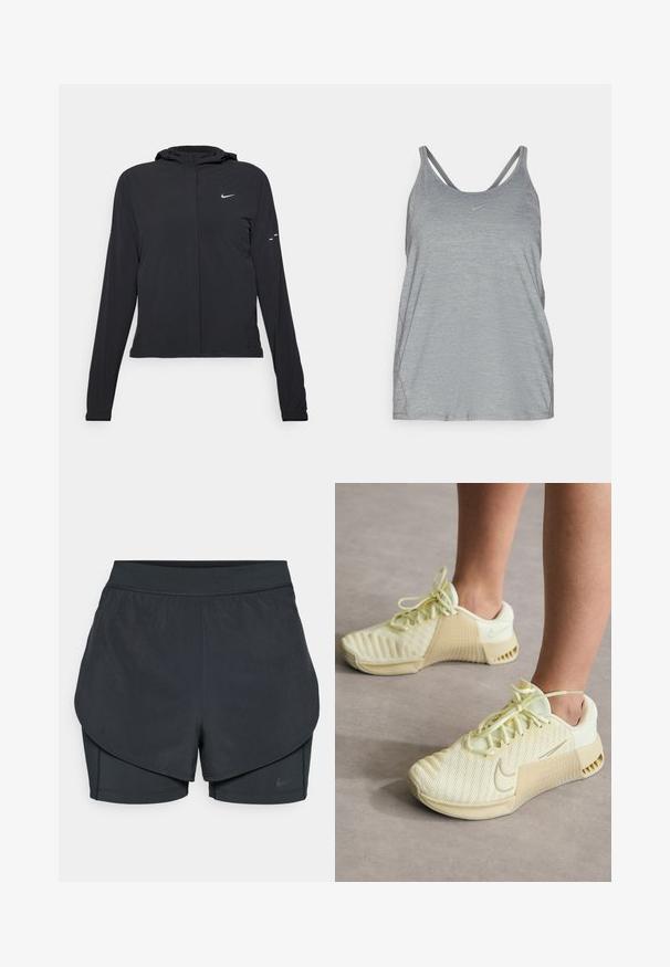 Black hooded jacket with long sleeves, made from lightweight material. Features a front zipper, a Nike logo, and subtle design accents.; Gray athletic tank top with a soft, textured fabric, featuring a double strap design and a small Nike logo on the chest.; Black athletic shorts with a layered design, featuring a smooth outer layer and fitted inner shorts. Made of lightweight, stretch fabric.; Light yellow athletic shoes with mesh upper, ribbed side accents, round toe, and flat laces. Features Nike logo on the side.
