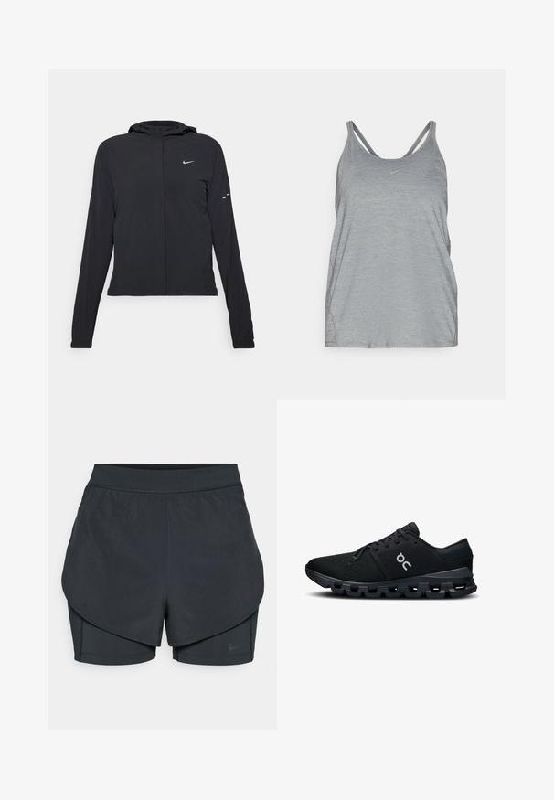 Must musta kapuutsiga jakk, millel on pikad varrukad ja mis on valmistatud kergetest materjalidest. Omab esitaskut, Nike logo ja kergelt silmatorkavaid disainiaktsente.; Hall hallitus hallitus hallitus koos pehme, tekstuuriga kangaga, kahekordse rihma kujundusega ja väikese Nike logo rinnal.; Mustad musta sportlikud lühikesed püksid kihilise disainiga, millel on sile välimine kiht ja istuvad sisepüksid. Valmistatud kergest, venivast kangast.; Mustad spordijalatsid, mille ülemine osa on hingav võrgus, elegantne disain ja pehme tald, millel on ainulaadne, segmentidega tallamuster.