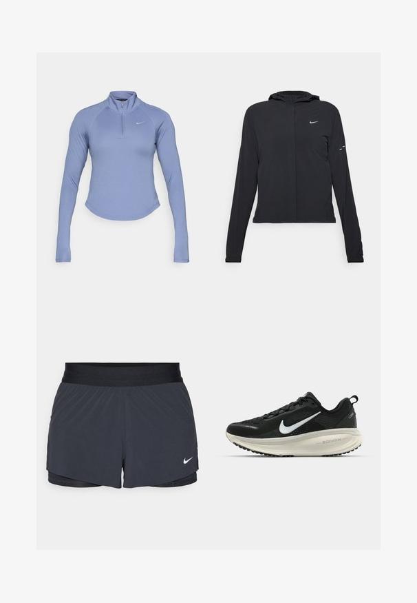 Zwarte kaptrui met lange mouwen, gemaakt van lichtgewicht materiaal. Voorzien van een ritssluiting aan de voorkant, een Nike-logo en subtiele ontwerpelementen.; Lichtblauwe lange mouwen ritssluiting top van glad, rekbaar materiaal. Kenmerkt zich door een hoge kraag en een klein logo op de linkerborst.; Zwarte sportshorts met een elastische tailleband, met een gelaagd ontwerp en een klein wit Nike-logo aan de onderkant links. Lichtgewicht materiaal.; Zwarte Nike hardloopschoen met ademend mesh bovenwerk, witte swoosh-logo, gestructureerde details en een crèmekleurige ZoomX middenzool.