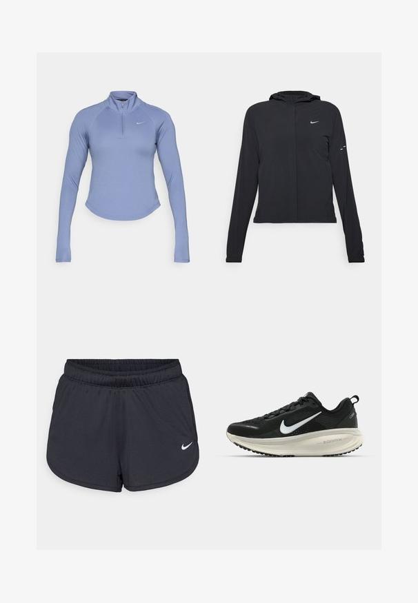 Czarna kurtka z kapturem, z długimi rękawami, wykonana z lekkiego materiału. Posiada zamek błyskawiczny z przodu, logo Nike oraz subtelne akcenty wzornicze.; Jasnoniebieska, długa bluzka z zamkiem, wykonana z gładkiego, elastycznego materiału. Posiada wysoki kołnierz oraz małe logo na lewej piersi.; Czarne szorty sportowe wykonane z lekkiego, oddychającego materiału. Posiadają elastyczny pas i biały logo Nike na dolnym prawym boku.; Czarna biegowa półbut z oddychającej siateczki, białym logo swoosh, teksturowanymi detalami oraz kremową podeszwą środkową ZoomX.