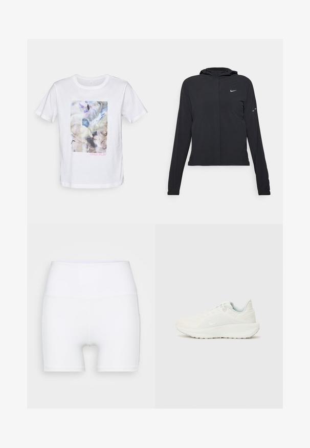 Zwarte kaptrui met lange mouwen, gemaakt van lichtgewicht materiaal. Voorzien van een ritssluiting aan de voorkant, een Nike-logo en subtiele ontwerpelementen.; ONLY Play ONPMAL LIFE LOOSE TEE BOX - T-shirt print - white; Witte hoge taille shorts van rekbare stof. Kenmerken een gladde textuur en een aansluitend ontwerp, zonder extra patronen of hardware.; Witte sportschoenen met een gestructureerde bovenkant, gevoerde kraag en vetersluiting. Voorzien van een gebogen buitenzool en subtiele branding aan de zijkant.