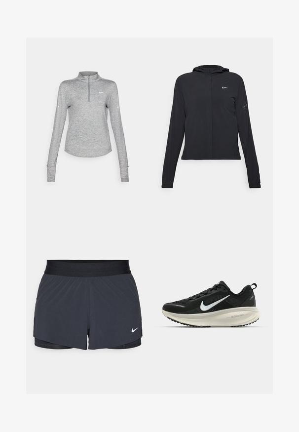 Juodas gobtuvas striukė su ilgomis rankovėmis, pagaminta iš lengvo audinio. Pasižymi priekiniais užtrauktukais, Nike logotipu ir subtiliais dizaino akcentais.; Šviesiai pilka ilgomis rankovėmis sportinė palaidinė su pusiau užtrauktuku, pasižyminti kvėpuojančia audinio tekstūra ir mažu logotipu kairiajame krūtinės taške.; Juodos sportinės šortai su elastine talija, turintys sluoksniuotą dizainą ir mažą baltą Nike logotipą kairiajame apačioje. Lengvas audinys.; Juodas Nike sportinis batelis su kvėpuojančiu tinklu, baltu swoosh logotipu, tekstūruoto dizaino detalėmis ir grietinėlės spalvos ZoomX viduriu.