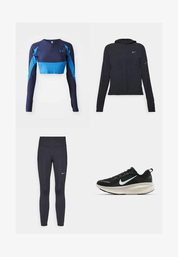 Zwarte kaptrui met lange mouwen, gemaakt van lichtgewicht materiaal. Voorzien van een ritssluiting aan de voorkant, een Nike-logo en subtiele ontwerpelementen.; Marineblauwe lange mouw sporttop met een halve rits kraag, ribbelstructuur en contrasterende zijpanelen. Under Armour-logo op de borst.; Zwarte legging van rekbare stof met een hoge tailleband en een wit Nike-logo op de linkerdij. Gladde textuur, aansluitend ontwerp.; Zwarte Nike hardloopschoen met ademend mesh bovenwerk, witte swoosh-logo, gestructureerde details en een crèmekleurige ZoomX middenzool.