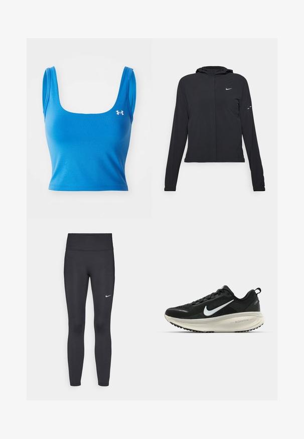 Giacca nera con cappuccio e maniche lunghe, realizzata in materiale leggero. Presenta una zip frontale, il logo Nike e accenti di design sottili.; Top corto sportivo blu con scollatura quadrata e spalline sottili. Realizzato in un materiale liscio e elasticizzato. Presenta il logo sul lato sinistro.; Leggings neri realizzati in tessuto elasticizzato, con una vita alta e un logo Nike bianco sulla coscia sinistra. Tessuto liscio, design aderente.; Scarpa da corsa nera Nike con tomaia in rete traspirante, logo Swoosh bianco, dettagli testurizzati e intersuola ZoomX di colore crema.
