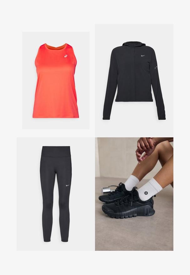 Must musta kapuutsiga jakk, millel on pikad varrukad ja mis on valmistatud kergetest materjalidest. Omab esitaskut, Nike logo ja kergelt silmatorkavaid disainiaktsente.; Erkspunane sportlik tank top ümmarguse kaelusega, valmistatud kergest, tekstuuriga kangast; vasakul ülal on väike logo.; Mustad mustadest leggingid, mis on valmistatud venivast kangast, kõrge vöökoha ja valge Nike logo abil vasakul reiel. Sile tekstuur, keha järgiv disain.; Mustad must спортjalatsid tekstuurse kangaga, nöörimise disainiga ja silmapaistva tallaga, koos valgete ribafreeside sokkidega, millel on väike logo.