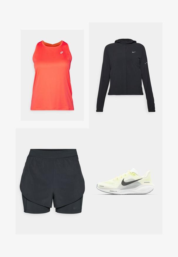 Chaqueta negra con capucha y mangas largas, hecha de un material ligero. Presenta un cierre frontal, un logo de Nike y acentos de diseño sutiles.; Camiseta sin mangas deportiva de color rojo brillante con escote en barco, hecha de tejido ligero y texturizado; presenta un pequeño logo en la parte superior izquierda.; Pantalones cortos deportivos negros con un diseño en capas, que cuentan con una capa exterior suave y pantalones cortos interiores ajustados. Fabricados con una tela ligera y elástica.; Zapatillas de correr Nike con una parte superior de malla en amarillo claro y blanco, detalles en gris y una suela de goma flexible. Cuenta con un cierre de cordones.