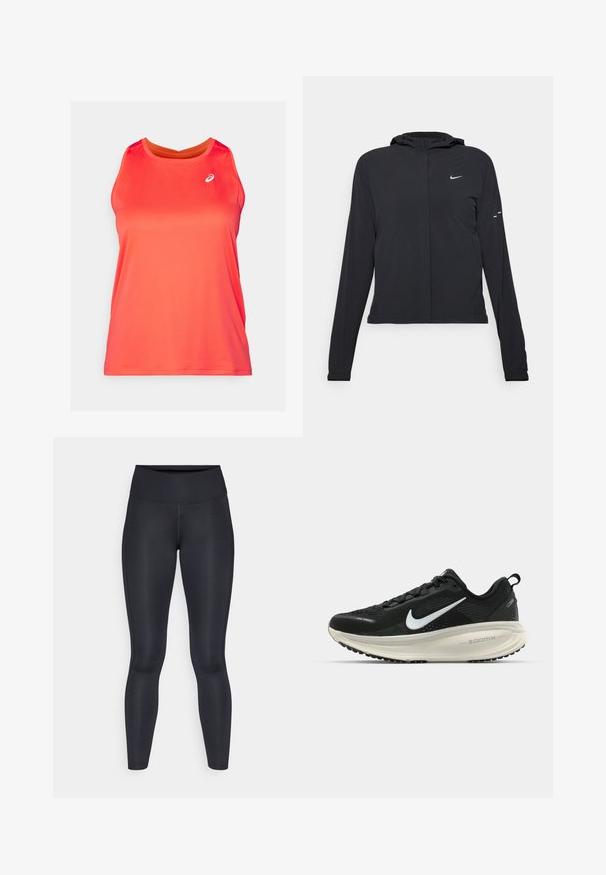 Chaqueta negra con capucha y mangas largas, hecha de un material ligero. Presenta un cierre frontal, un logo de Nike y acentos de diseño sutiles.; Camiseta sin mangas deportiva de color rojo brillante con escote en barco, hecha de tejido ligero y texturizado; presenta un pequeño logo en la parte superior izquierda.; Leggings negros hechos de una tela suave y elástica. Cintura alta sin patrones ni acentos visibles. Se ajustan estrechamente desde la cintura hasta los tobillos.; Zapatilla de running Nike negra con parte superior de malla transpirable, logo Swoosh blanco, detalles texturizados y una entresuela ZoomX de color crema.