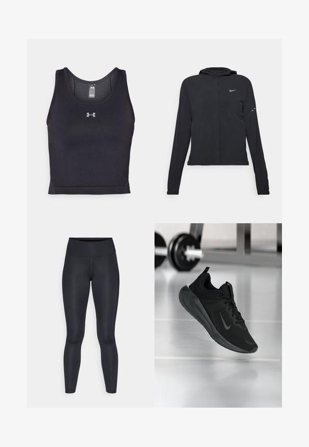 Juodas gobtuvas striukė su ilgomis rankovėmis, pagaminta iš lengvo audinio. Pasižymi priekiniais užtrauktukais, Nike logotipu ir subtiliais dizaino akcentais.; Juodas atletinis marškinėlis be rankovių, pagamintas iš tamprios medžiagos su lygia tekstūra. Yra apvalus iškirpimas ir mažas sidabrinis logotipas centre.; Juodos leggingos, pagamintos iš lygios, tamprios medžiagos. Aukštas liemuo, be matomų raštų ar akcentų. Tvirtai priglunda prie kūno nuo liemens iki kulkšnies.; Juodas sportinis sportbačiai su Nike logotipu, pavaizduoti ore virš sporto salės grindų, fone išblurinta hantelių laikiklis.